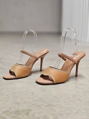 Taupe Stiletto Heeled Sandals With Strap Design Open Toe And Elegant Stitch Deta